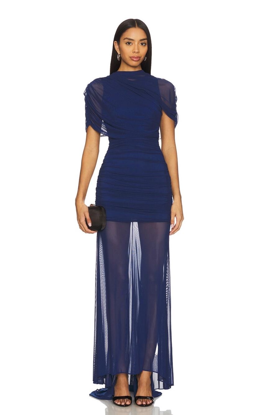 Amanda Uprichard x REVOLVE Evianna Mesh Gown Navy Blue Size Small